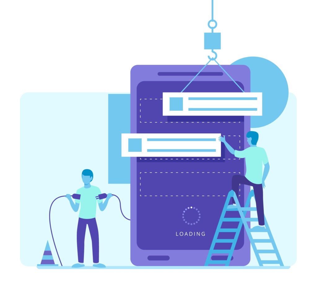 A laptop and smartphone displaying a mobile app with icons for updates, analytics, and user feedback, representing continuous app improvement and post-launch support.