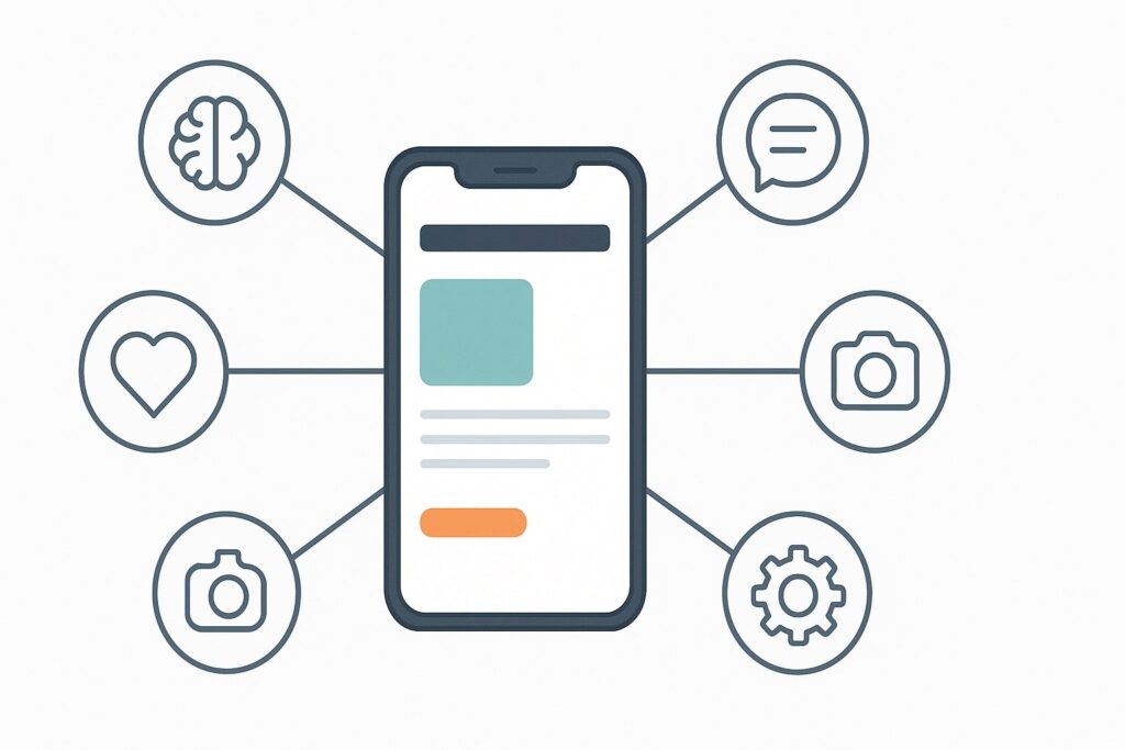 Illustration of an AI neural network being integrated with a modern smartphone app.