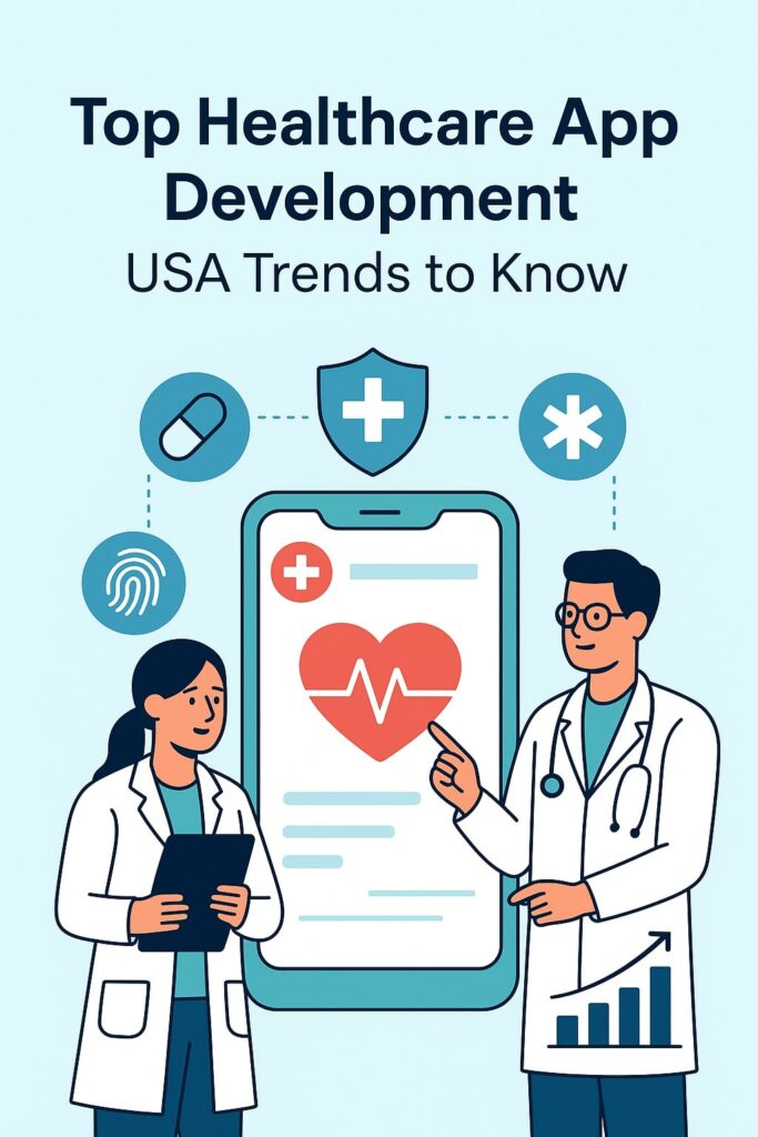Top healthcare app development USA trends 2025 - AI, telehealth, wearables integration infographic