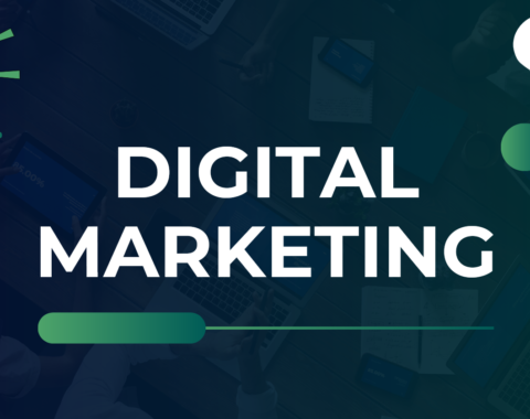 Digital marketing for startups hero image showing megaphone communication icon and engagement symbols on dark blue gradient background