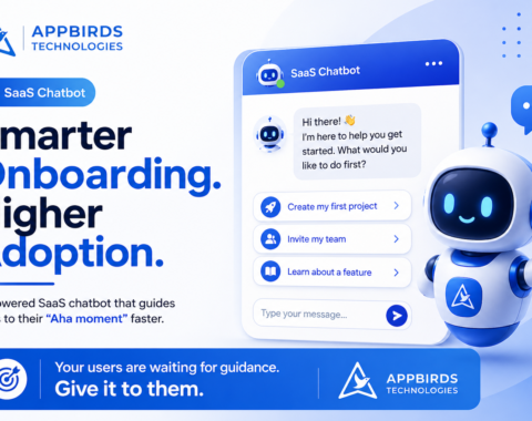 AI-powered SaaS onboarding chatbot interface with a friendly robot guiding users to create projects, invite teams, and explore features
