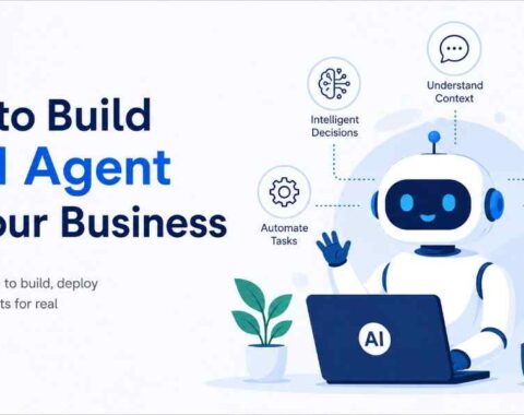 Illustration of an AI agent helping businesses automate tasks, improve customer experience, and increase efficiency with intelligent business automation tools.