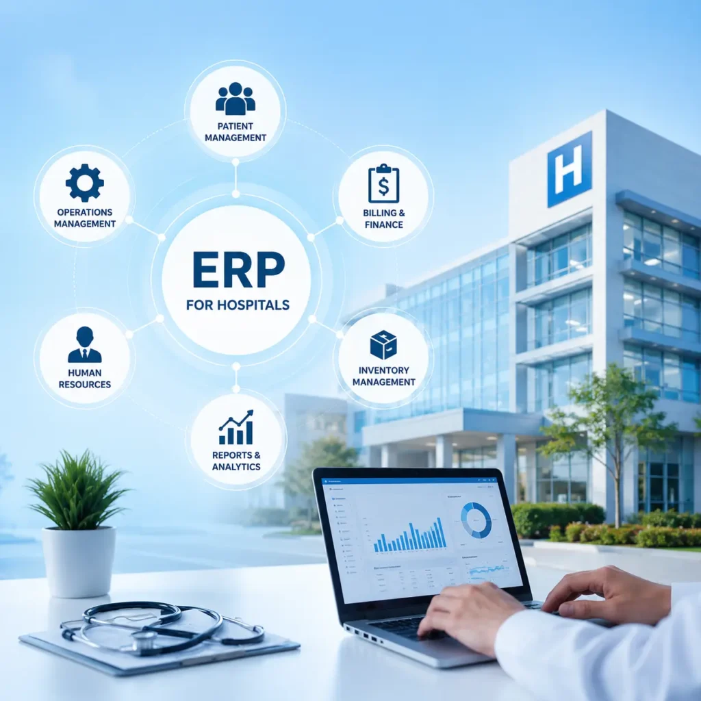 Healthcare ERP software for hospitals connecting patient management, billing, inventory, and analytics