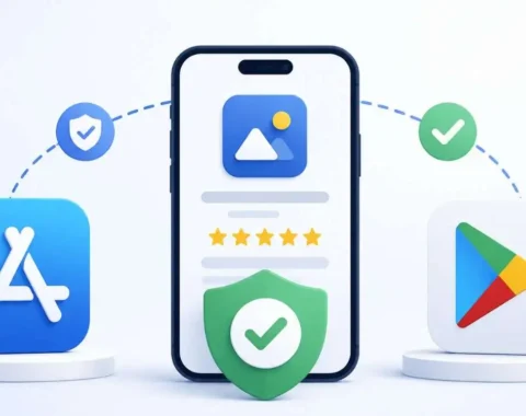 App Store approval process showing Apple App Store, Google Play Store, and a verified mobile app ready for successful publication