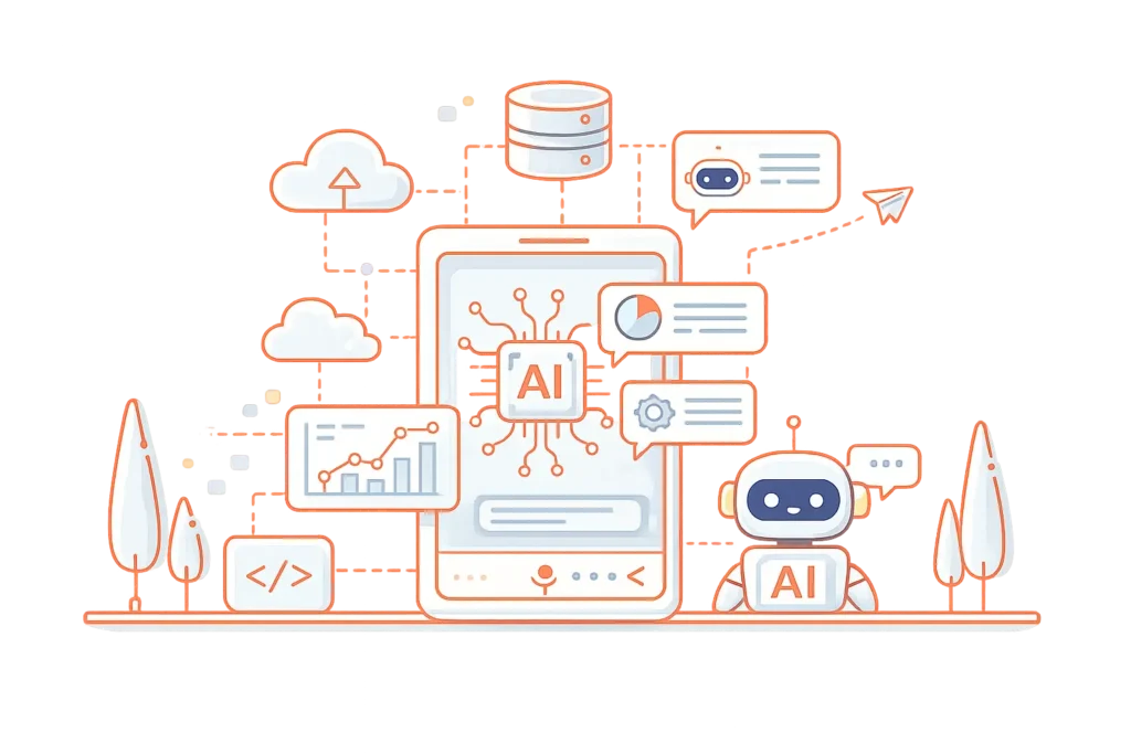 AI chatbot and virtual assistant development illustration featuring conversational AI, NLP, customer support automation, and intelligent chatbot solutions.