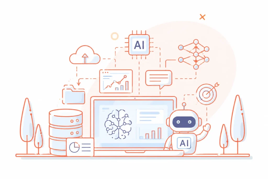 AI development illustration featuring AI chatbot, machine learning, data analytics, automation, and custom AI solutions by Appbirds Technologies.