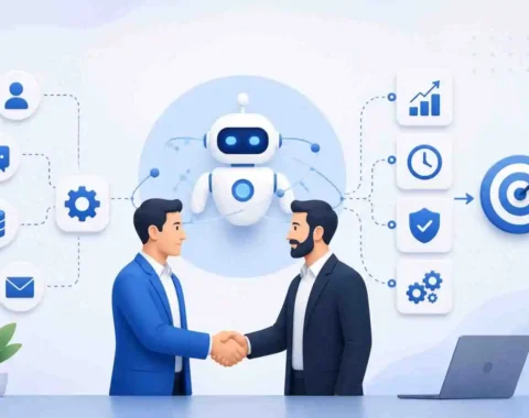 AI automation consultant shaking hands with a business client while an AI assistant integrates chat, data, email, and workflow automation to improve business efficiency and growth.