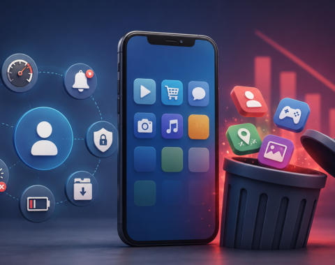 3D illustration of a smartphone beside a trash bin with app icons being discarded, surrounded by user engagement and performance icons such as notifications, battery, speed, downloads, security, and profile. A declining graph in the background symbolizes increasing mobile app uninstall rates and poor user retention.