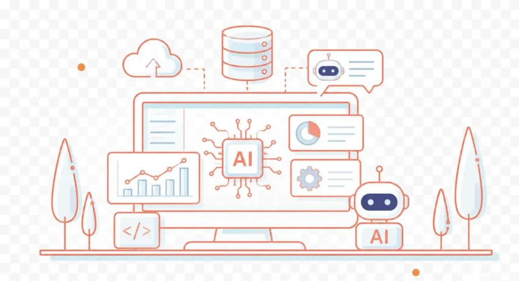 Custom AI software development illustration featuring AI applications, business automation, predictive analytics, and enterprise AI solutions.