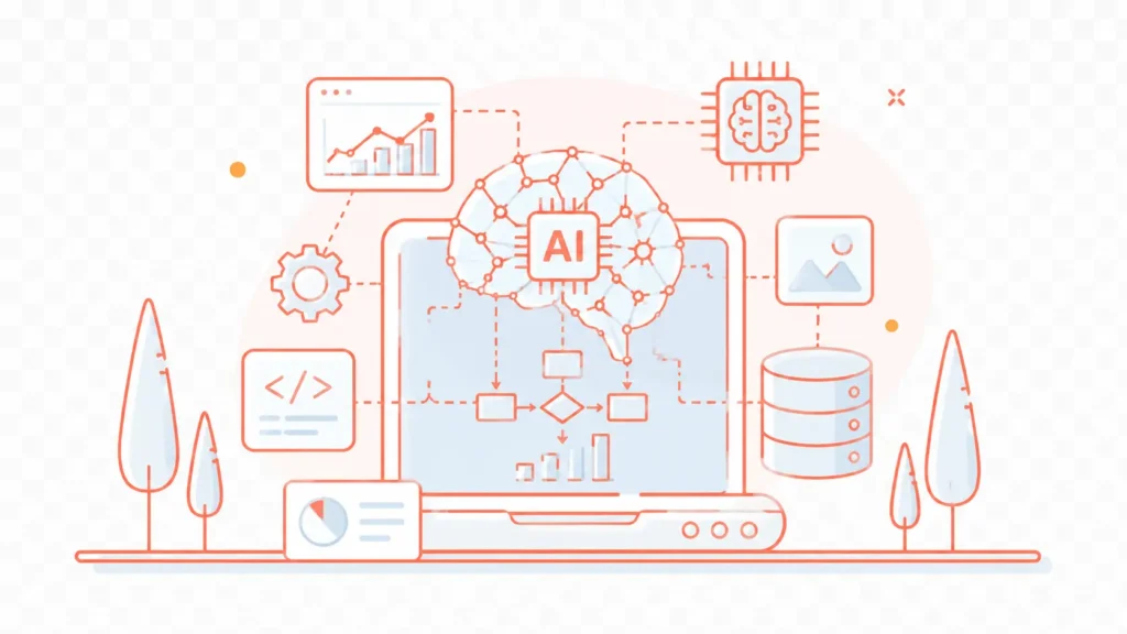 Machine learning and generative AI illustration featuring AI models, neural networks, data analytics, AI agents, and intelligent business automation.