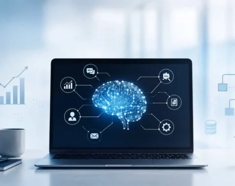 Enterprise AI concept showing a laptop with a glowing AI brain connected to business analytics, automation, communication, and workflow icons.
