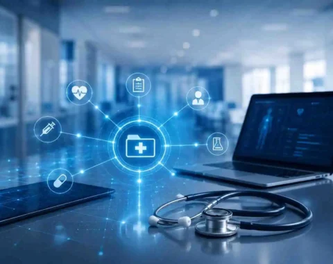 Healthcare Integration concept showing connected digital healthcare systems, medical data exchange, hospital technology, and secure healthcare interoperability.