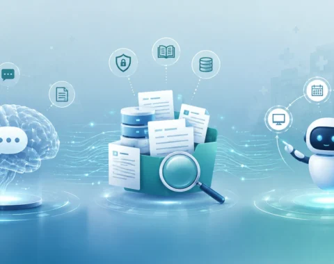 Healthcare AI architecture showing LLM, RAG, and action-oriented AI working together