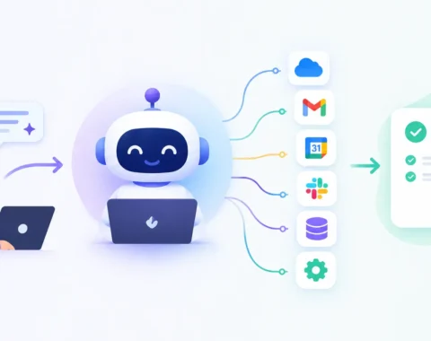 AI Agent connecting business workflows with email, calendar, cloud, and other tools to automate tasks and improve productivity.